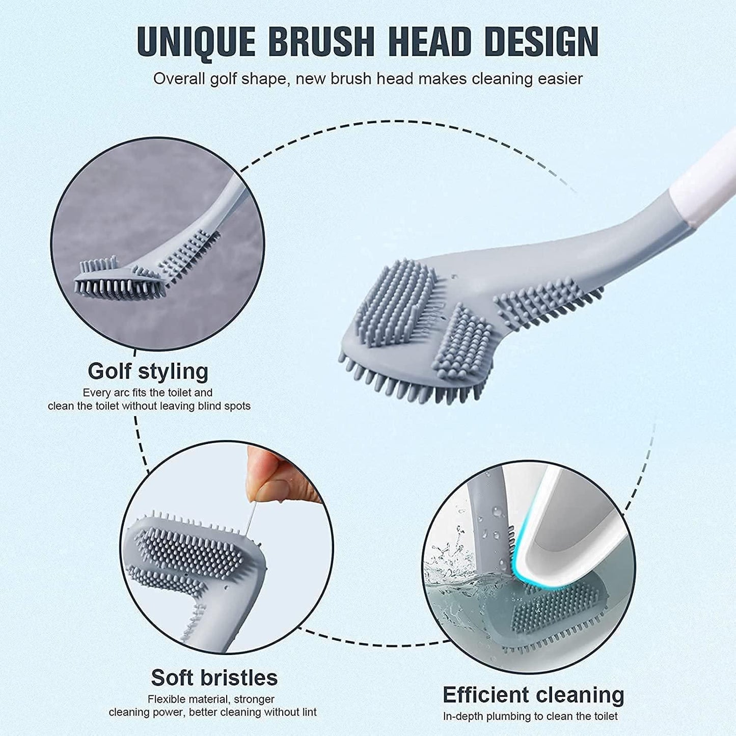 Toilet Brush- Wall-Mounted Long-Handled Golf Head Toilet Brush with Hook